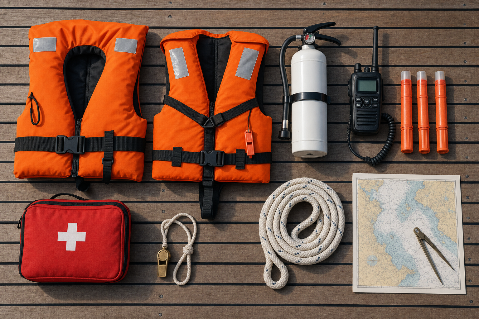 Marine safety gear laid out on a boat deck: life jackets, fire extinguisher, VHF radio, flares, first aid kit